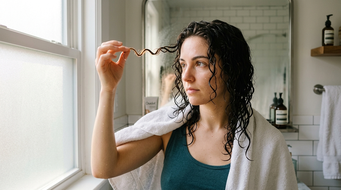 Woman holding a single strand of wet hair examining the curl pattern to determine her hair type