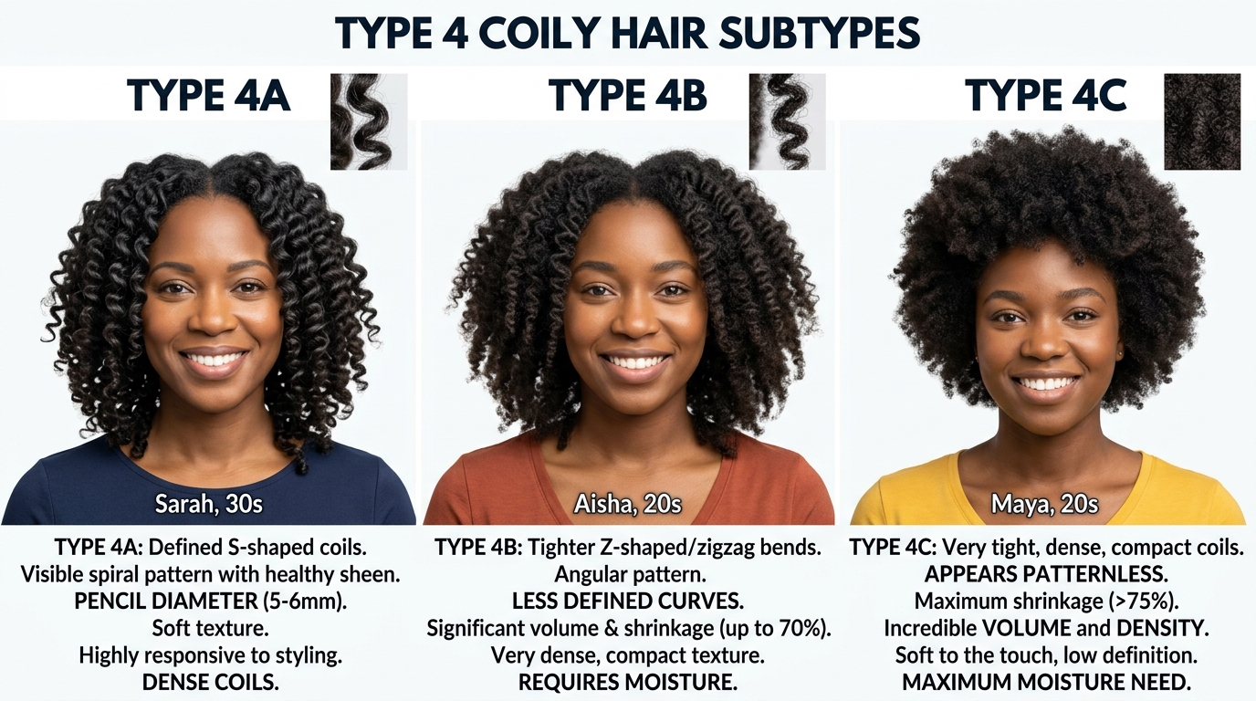 Hair type chart showing Type 4 coily hair subtypes: 4A defined S-shaped coils, 4B tighter Z-shaped zigzag bends, 4C very tight dense compact coils