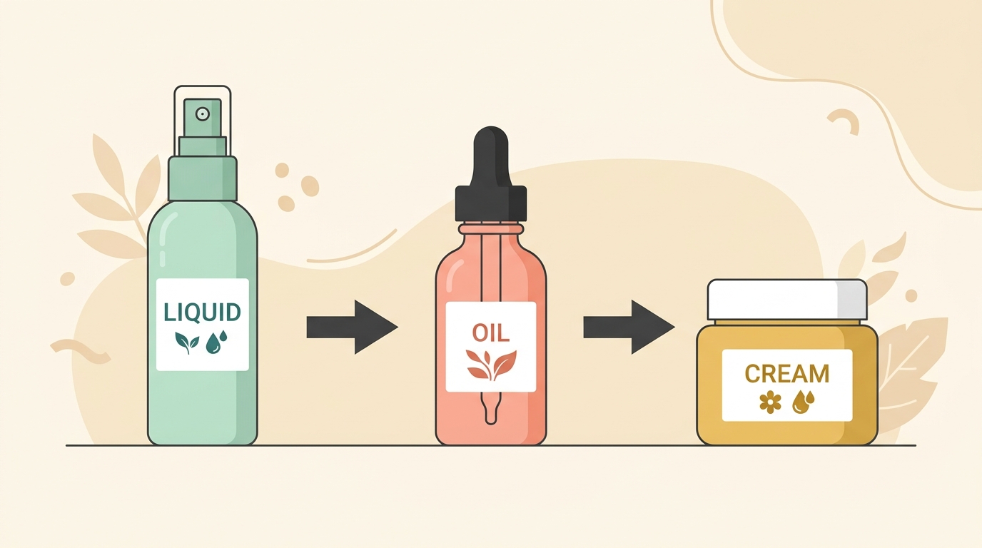 LOC method diagram showing liquid, oil, and cream layering technique