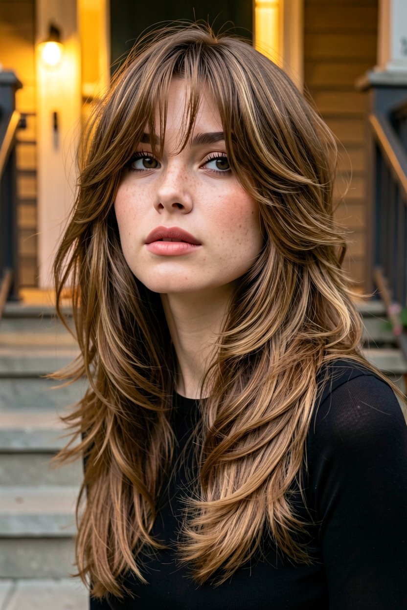 Face-Framing Curtain Bangs and Heavy Layers