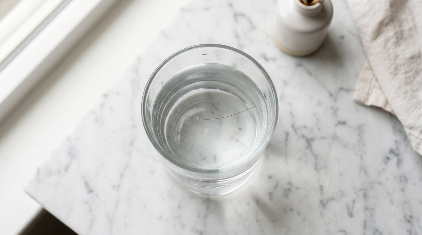 Overhead photo of a glass of water with a hair strand floating on the surface, demonstrating the porosity float test