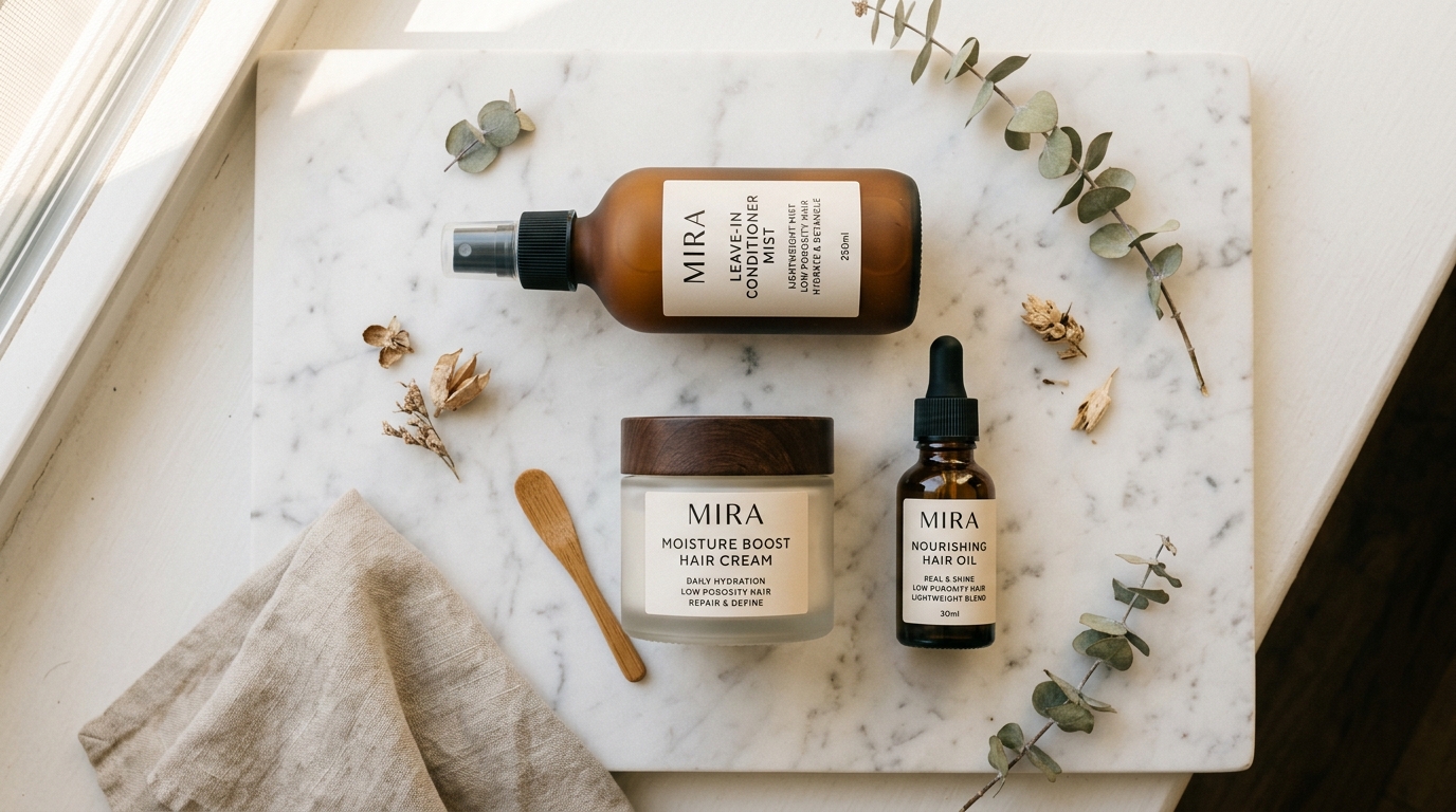 Flat lay of lightweight hair care products recommended for low porosity hair including leave-in conditioner, cream, and oil