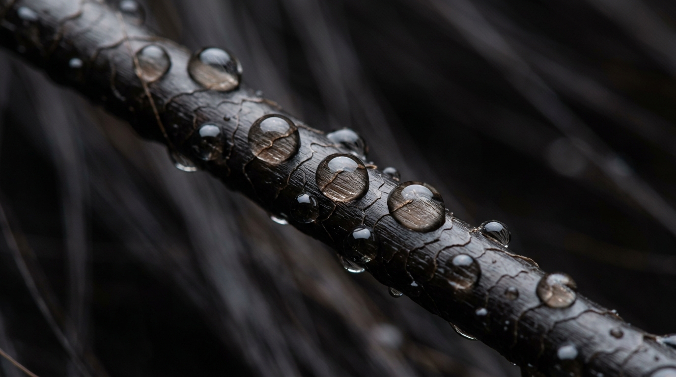Macro close-up of water droplets beading on a hair strand, demonstrating how low porosity hair repels moisture