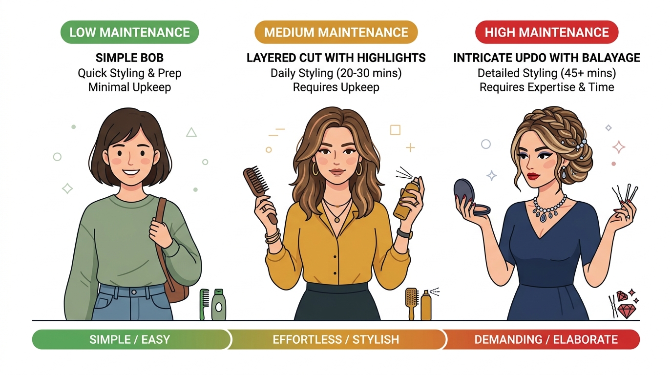 Hairstyle maintenance levels showing low, medium, and high effort examples