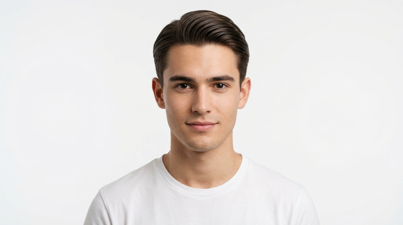 Young man with straight Type 1 hair showing clean neat short style with natural sleekness