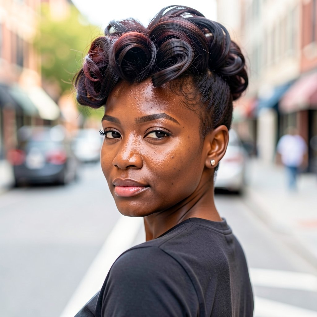 Mohawk rizado en púrpura y rojo