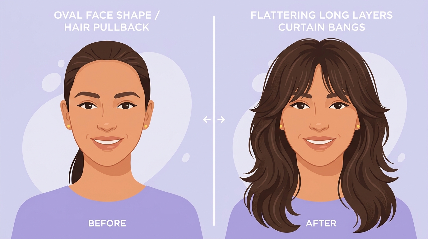 Oval face shape hairstyle transformation showing before and after comparison