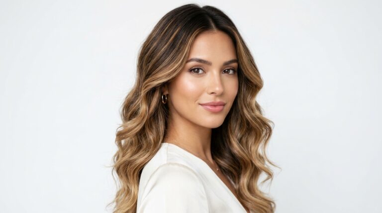 Woman with stunning balayage hair color blending from dark roots to warm honey highlights