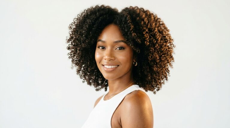 Black woman with beautiful natural afro curls and defined coils