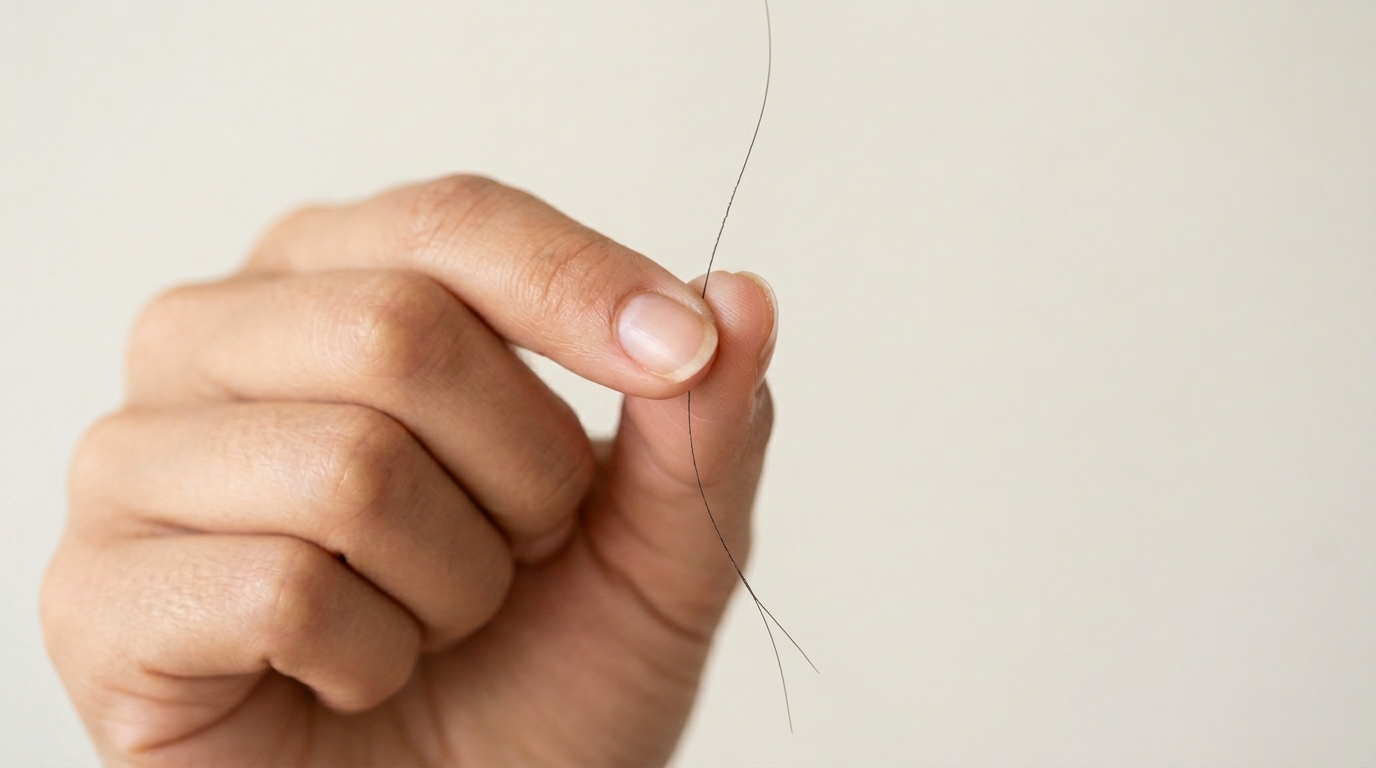 Close-up of fingers sliding along a hair strand to test porosity texture