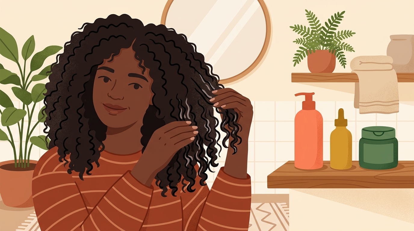 Hands applying product layering technique on high porosity hair for moisture retention