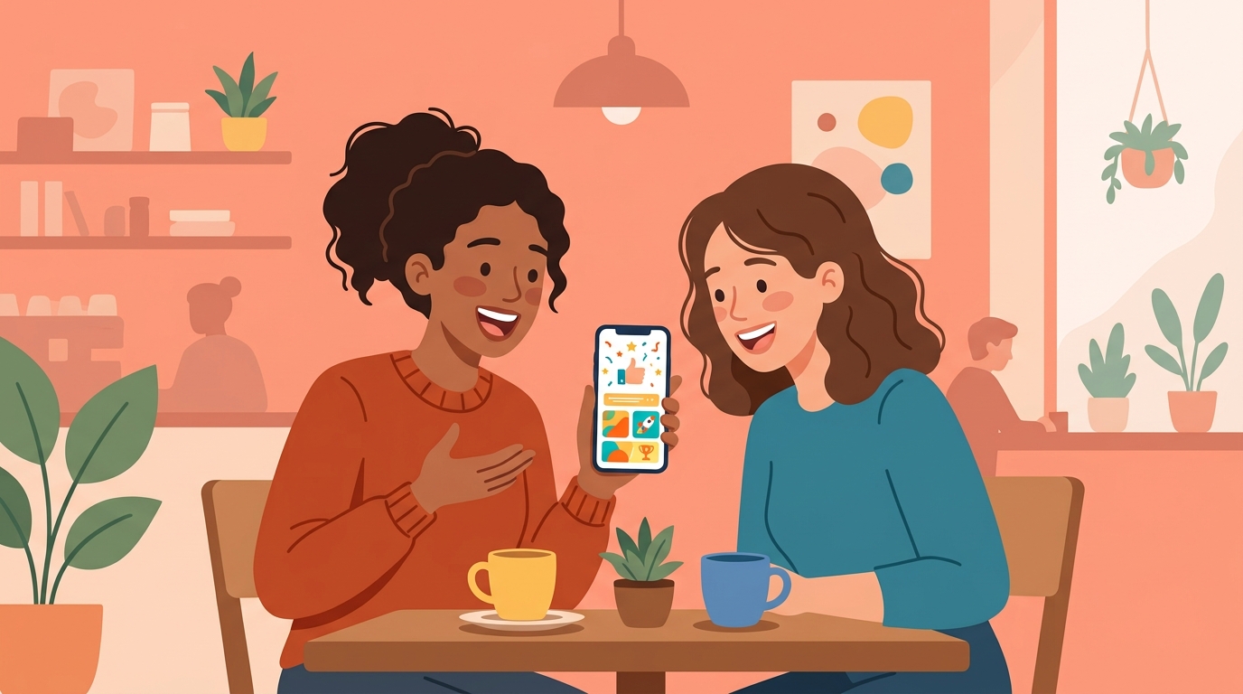 Two women sharing and comparing their hair quiz results on a phone