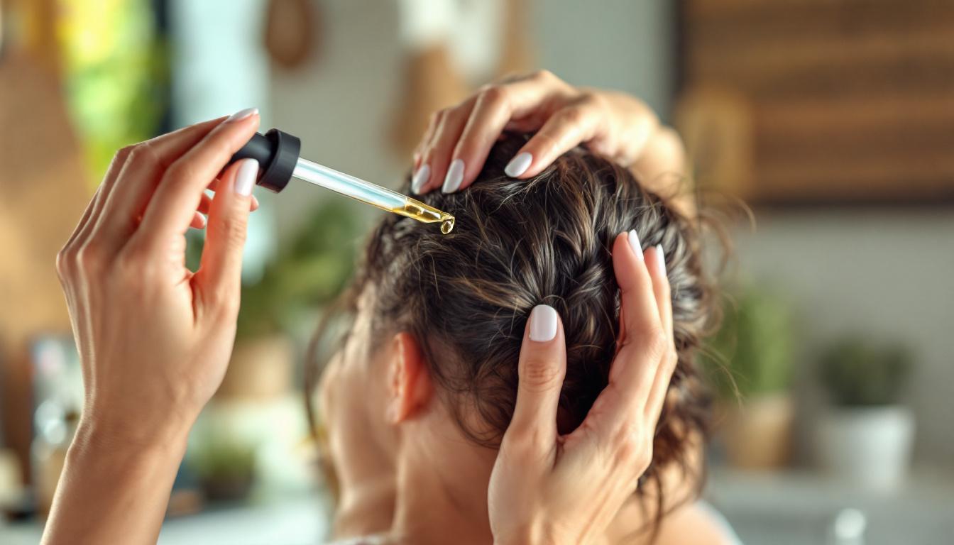 Woman applying rosemary essential oil from dropper to scalp