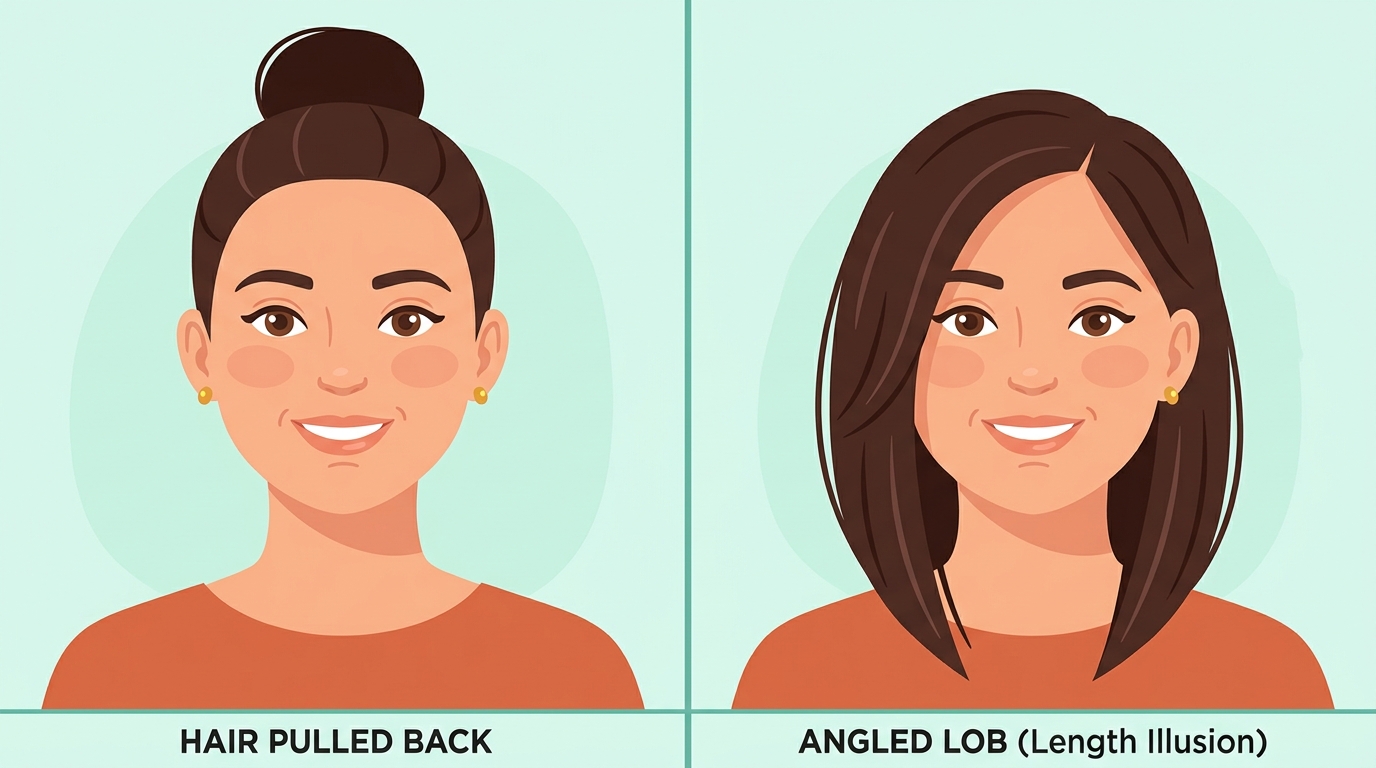 Round face shape hairstyle transformation showing before and after comparison