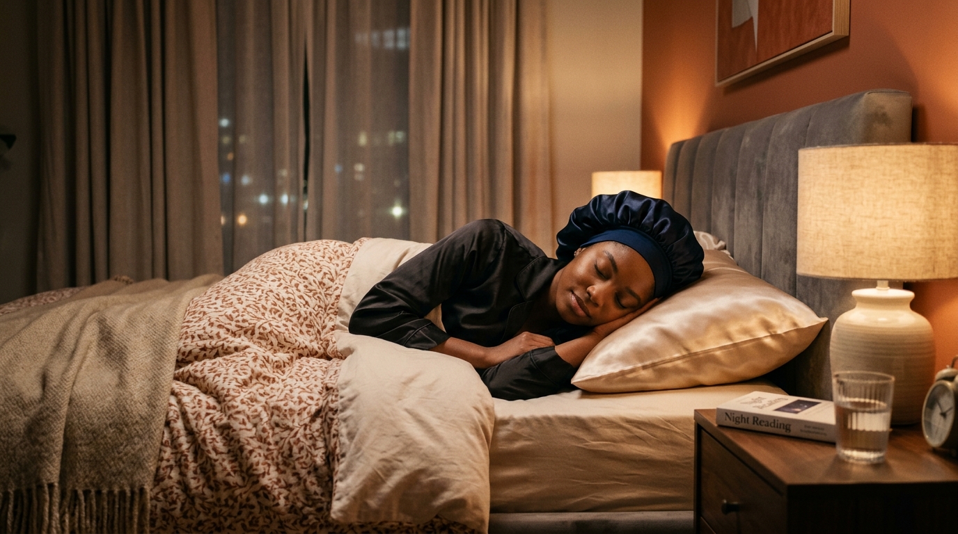 Black woman sleeping peacefully on satin pillowcase wearing a satin bonnet to protect her hair at night