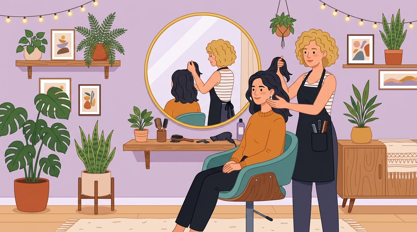 Woman at a salon getting a professional stylist consultation about her ideal hairstyle