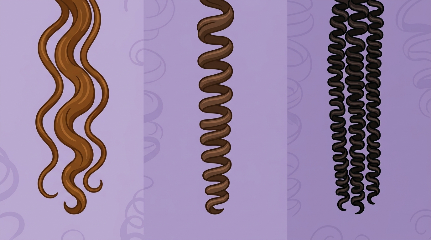 Hair type 3 subtypes comparison showing 3A loose curls, 3B springy ringlets, and 3C tight corkscrews