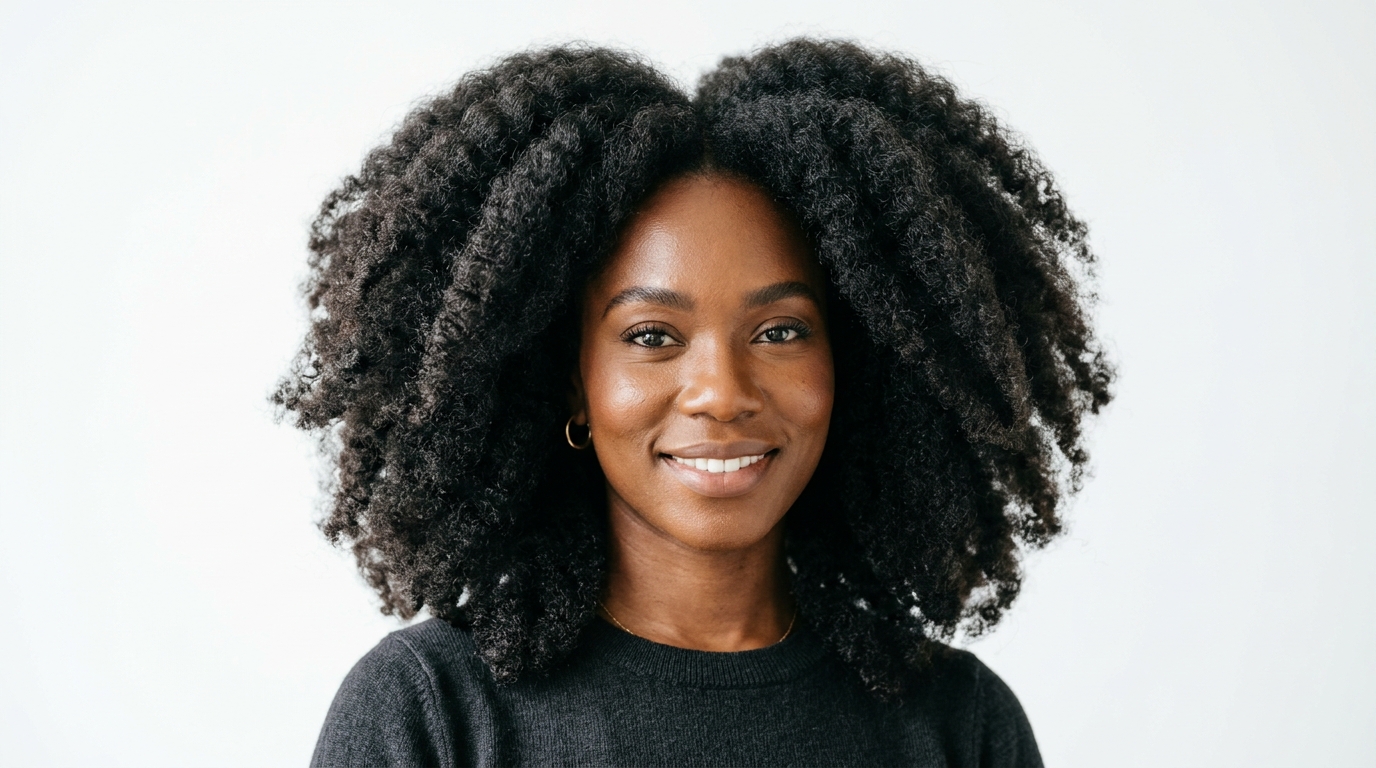 Portrait showing coarse hair texture with thick, strong individual strands that are clearly visible, demonstrating the natural volume and density of coarse hair