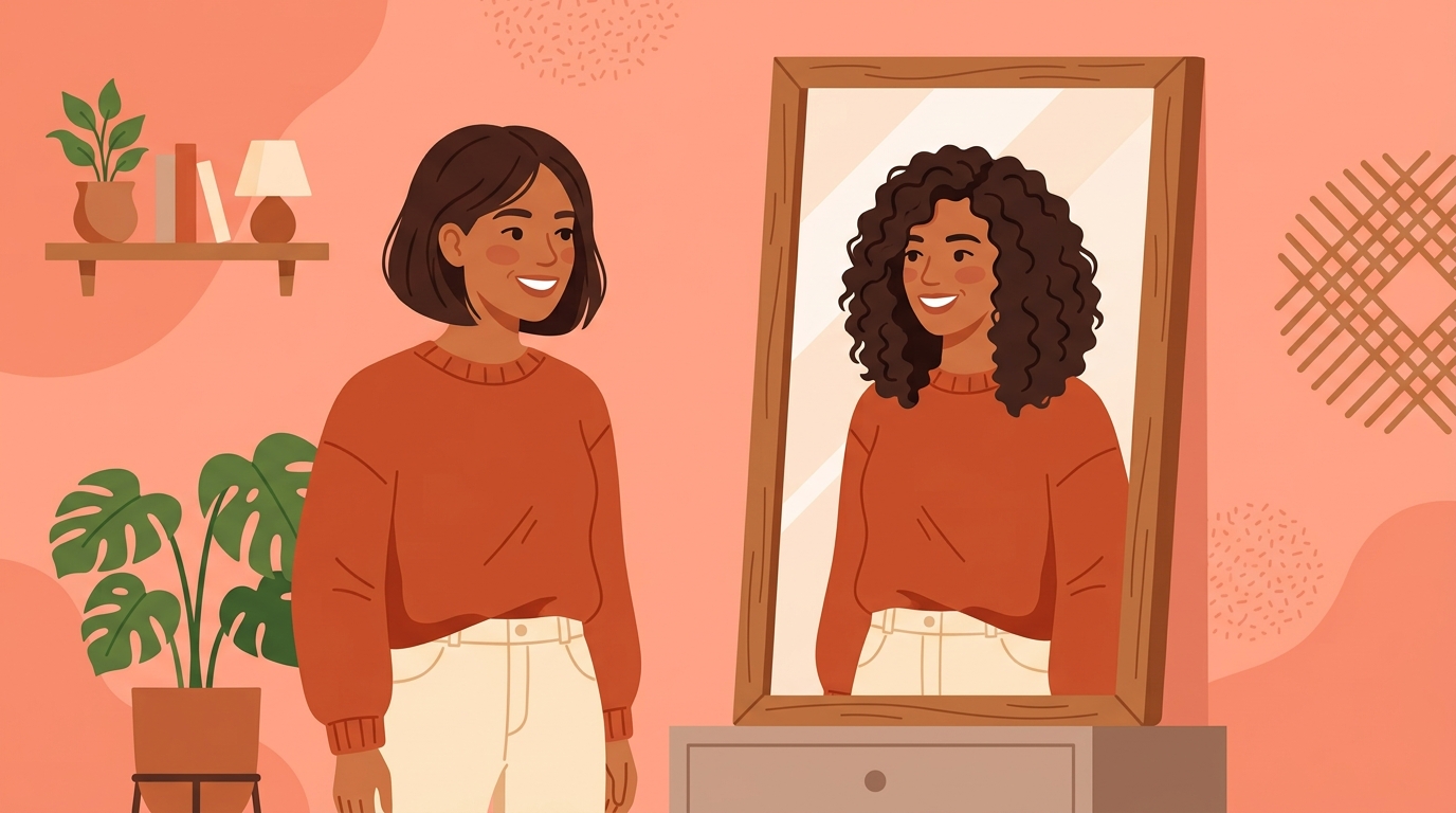 Woman seeing a different hairstyle in a mirror, try-on concept