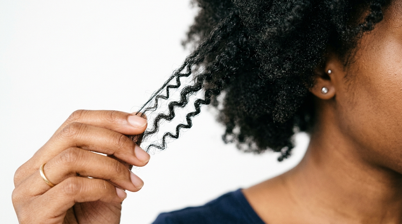 Close-up of 4B hair texture showing sharp Z-shaped zigzag bends in individual strands