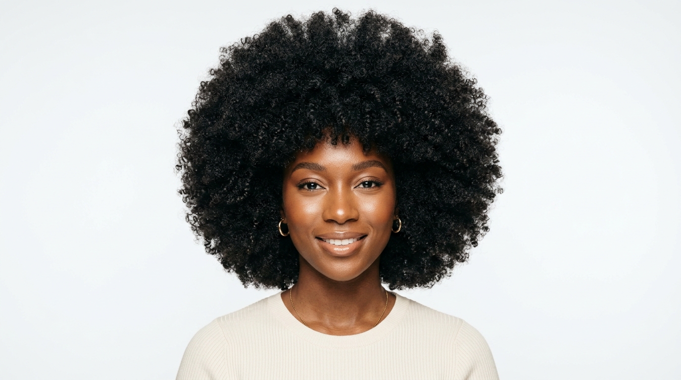 Portrait of a Black woman with 4C hair showing the tightest coil pattern, extremely dense and compact texture with incredible volume