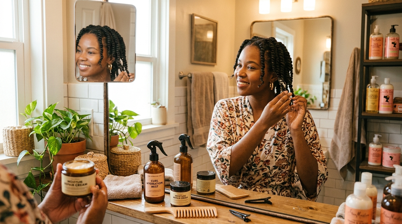 Black woman applying moisturizing cream to sectioned Type 4 natural hair using the LOC method, with spray bottle and hair care products visible