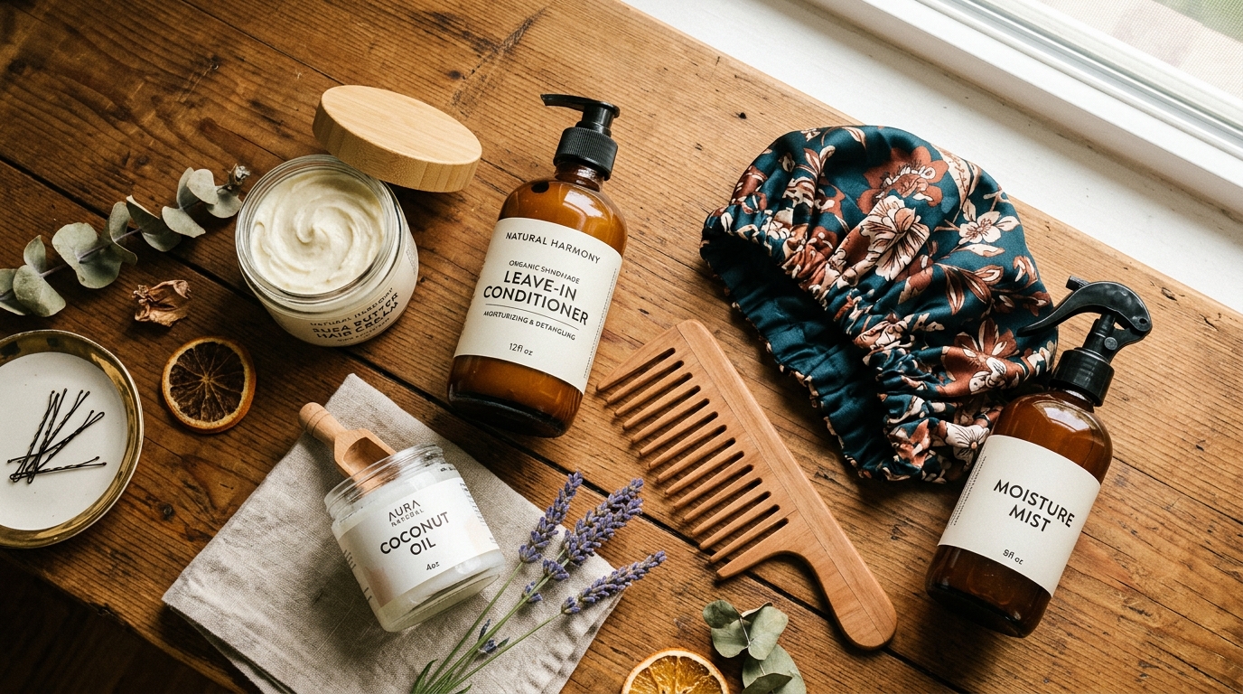 Flat lay of natural hair care essentials for Type 4 coily hair including shea butter, leave-in conditioner, and wide-tooth comb