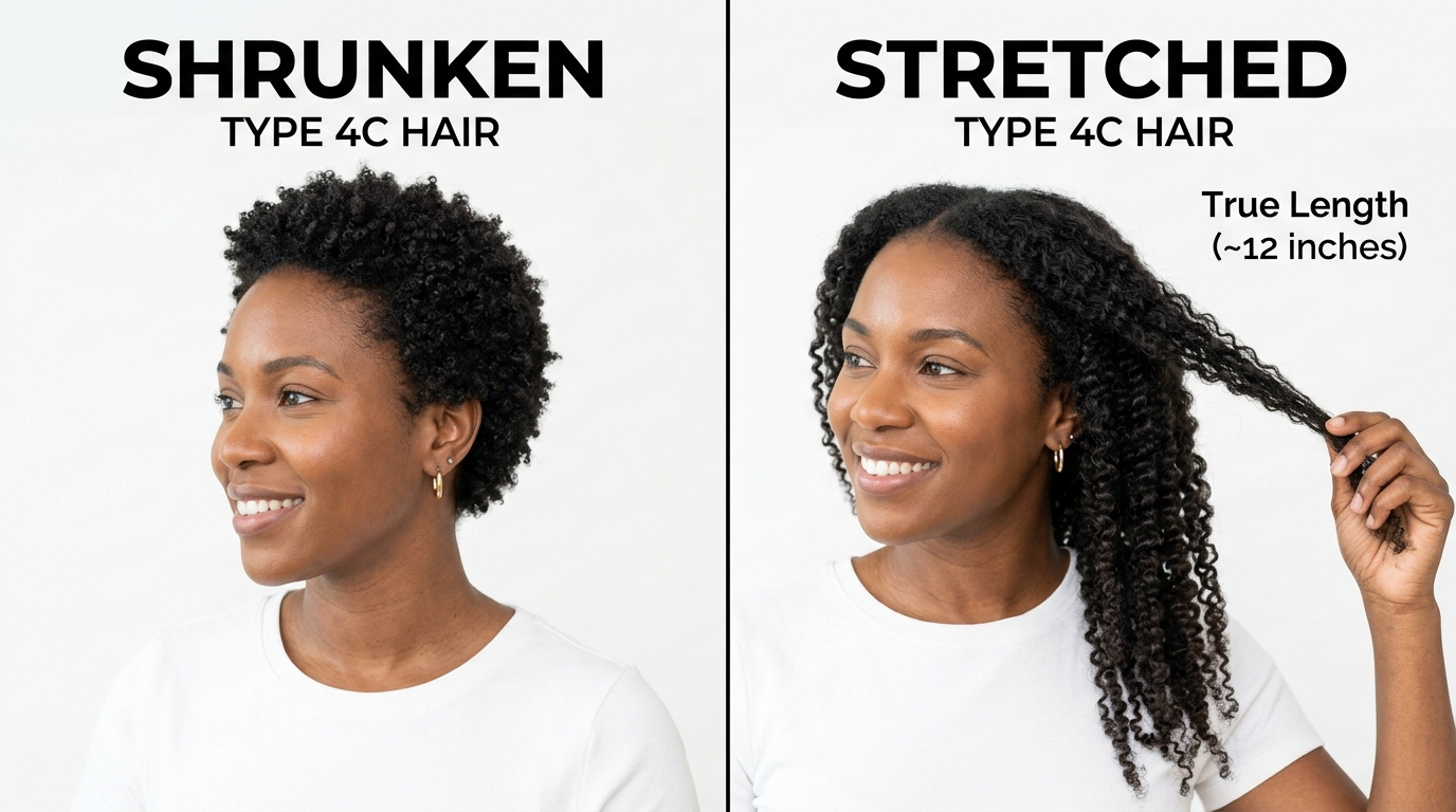Split comparison showing Type 4C hair in shrunken state vs stretched to reveal true length