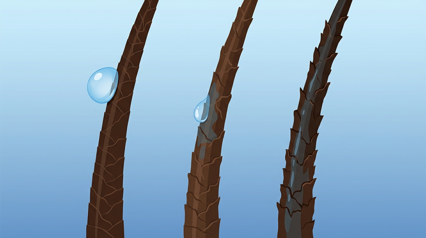 Water drop test showing how low, medium, and high porosity hair absorbs water differently