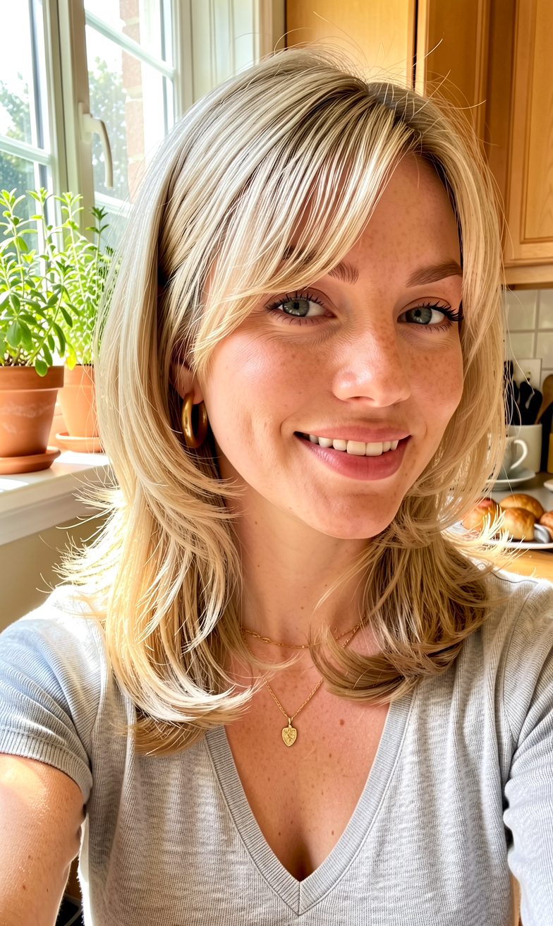 Soft Wispy Bangs on Layered Blonde Lob